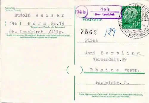 BRD 1958, Landpost Stpl. 14b HOFS über Leutkirch auf 10 Pf. Ganzsache 