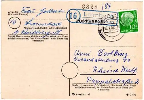 BRD 1959, Landpost Stpl. 16 LAIMBACH über Weilburg auf Karte m. 10 Pf. 