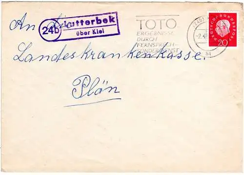 BRD 1960, Landpost Stpl. 24b LUTTERBEK über Kiel auf Brief m. 20 Pf. n. Plön.