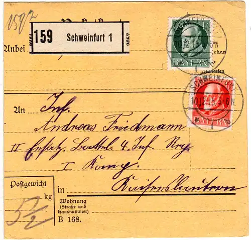 Bayern 1915, 10+60 Pf Friedensdruck auf Paketkarte v. Schweinfurt. Geprüft