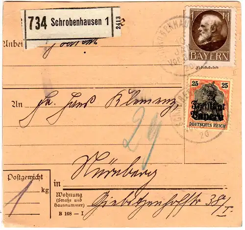 Bayern 1920, 1 Mk.+25 Pf. Germania auf Paketkarte v. Schrobenhausen. Geprüft