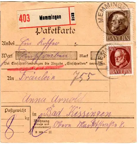 Bayern 1918, 1 Mk.+50 Pf. auf Einschreiben Paketkarte v. Memmingen. Geprüft