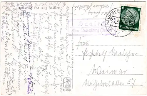 DR 1938, SAALECK über Naumburg, Landpost Stpl. auf Karte m. 6 Pf.