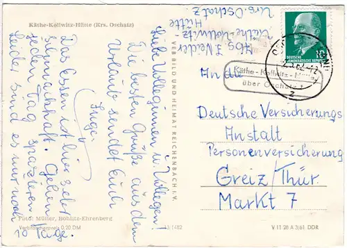 DDR 1962, Landpost Stpl. KÄTHE-KOLLWITZ-HÜTTE  über Oschatz auf AK m. 10 Pf.