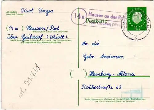 BRD 1961, Landpost Stpl. 14a HAUSEN AN DER ROT über Gaildorf auf 10 Pf Ganzsache