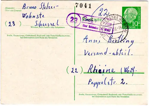 BRD 1958, Landpost Stpl. 23 GROSS WOHNSTE über Scheessel auf 10 Pf Ganzsache