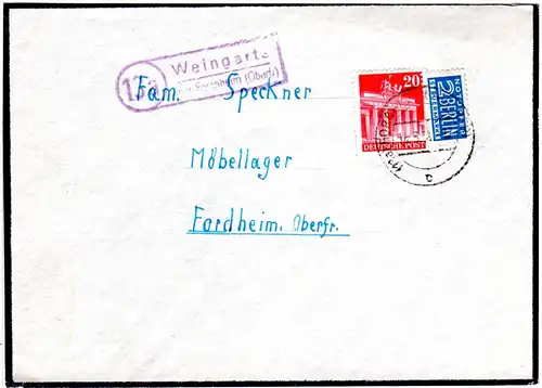 BRD 1951, Landpost Stpl. 13a WEINGARTS über Forchheim auf Brief m. 20 Pf.