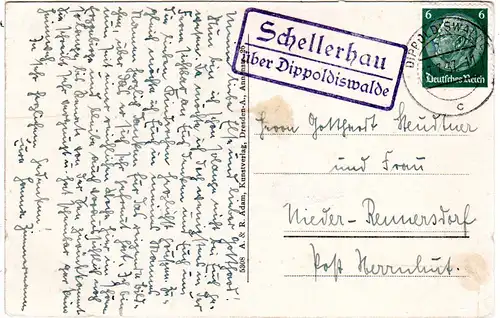 DR 1937, SCHELLERHAU über Dippoldiswalde, Landpost Stpl. auf AK Schinderbrücke. 
