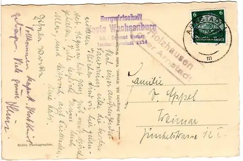 DR 1938, HOLZHAUSEN über Arnstadt, Landpost Stpl. auf sw-AK Veste Wachsenburg