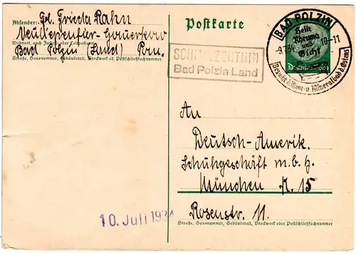 DR 1934, SCHMALZENTHIN Bad Polzin Land, Landpost Stpl. auf 6 Pf. Ganzsache