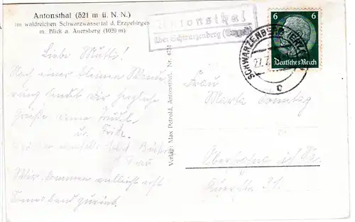 DR 1938, ANTONSTHAL über Schwarzenberg, Landpost Stpl. auf sw-AK 