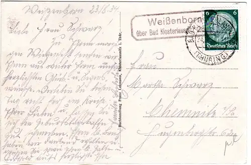 DR 1934, WEISSENBORN über Bad Klosterlausitz, Landpost Stpl. auf  Karte m. 6 Pf.
