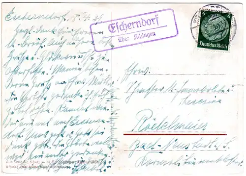 DR 1939, ESCHERNDORF über Kitzingen, Landpost Stpl. auf Karte m. 6 Pf.