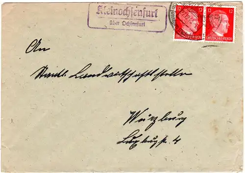 DR 1943, KLEINOCHSENFURT über Ochsenfurt, Landpost Stpl. auf Brief m. 2x12 Pf.