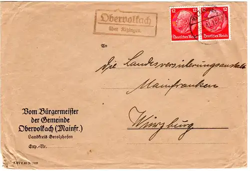 DR 1941, OBERVOLKACH über Kitzingen, Landpost Stpl. auf Bürgermeister Brief 