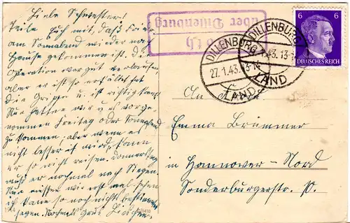 DR 1943, ROTH über Dillenburg, Landpost Stpl. auf Karte m. 6 Pf.