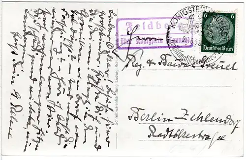 DR 1939, FELDBERG über Königstein, Landpost Stpl. auf AK m. 6 Pf.