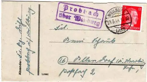 DR 1944, Landpost Stpl. PROBBACH über Weilburg auf Brief m. 12 Pf.