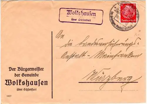 DR 1941, Landpost Stpl. WOLKSHAUSEN über Ochsenfurt auf Bürgermeister Brief 