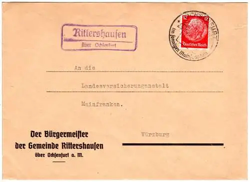DR 1941, Landpost Stpl. RITTERSHAUSEN über Ochsenfurt auf Bürgermeister Brief 
