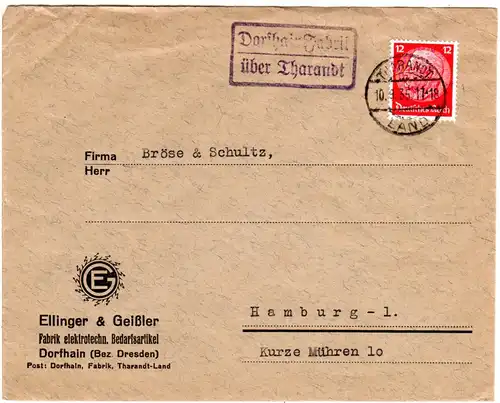 DR 1935, Landpost Stpl. DORFHAIN FABRIK über Tharandt auf Firmen Brief m. 12 Pf.