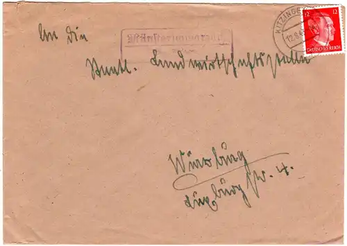 DR 1943, Landpost Stpl. MÜNSTERSCHWARZACH über Kitzingen auf Brief m. 12 Pf.