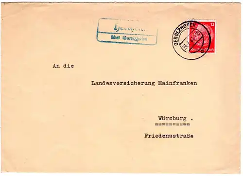 DR 1941, Landpost Stpl. HERLHEIM über Gerolzhofen auf Brief m. 12 Pf.