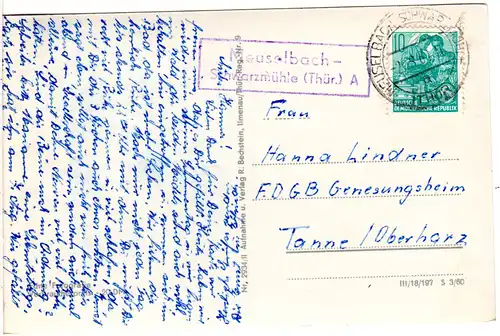DDR 1961, Landpost Stpl. MEUSELBACH-SCHWARZMÜHLE (Thür.) A auf AK m. 10 Pf.