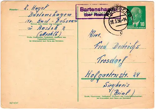 DDR 1956, Landpost Stpl. Bartenshagen über Rostock 2 auf 10 Pf. Ganzsache