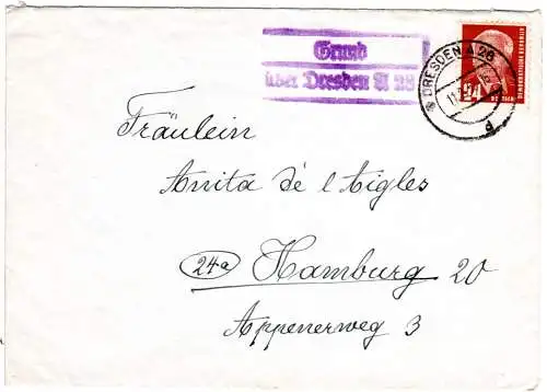 DDR 1956, Landpost Stpl. GRUND über Dresden A28 auf Brief m. 20 Pf.