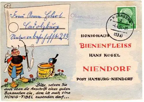 BRD 1957, Landpost Stpl. OBERWEIHERSBUCH über Nürnberg auf Karte m. 10 Pf.