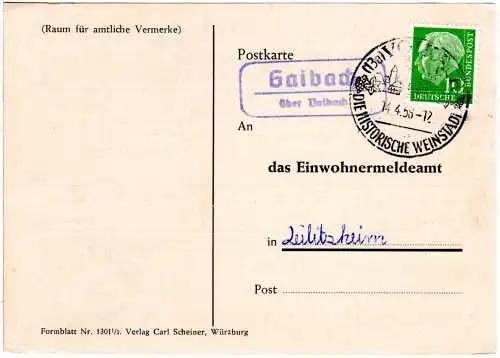 BRD 1956, Landpost Stpl. GAIBACH über VOLKACH auf Karte m. 10 Pf.