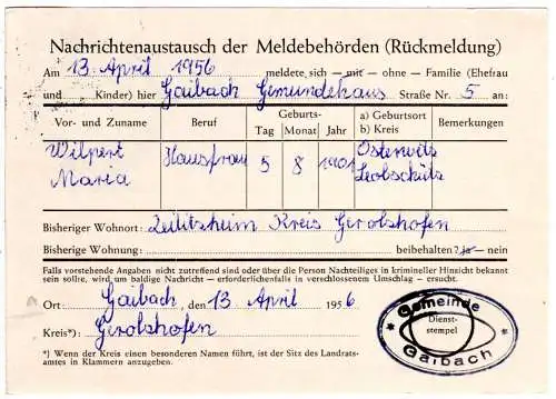 BRD 1956, Landpost Stpl. GAIBACH über VOLKACH auf Karte m. 10 Pf.