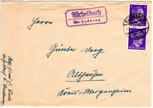 DR 1942, Landpost Stpl. AICHELBACH über Backnang auf Brief m. Paar 6  Pf.