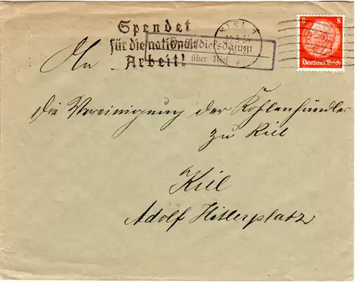 DR 1934, Landpost Stpl. HASSELDIEKSDAMM über Kiel auf Brief m. 8 Pf.