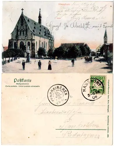 Bayern 1906, Reservestempel PFARRKIRCHEN R als Ank.stpl. auf AK v. Hassfurt