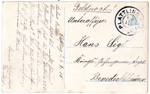 Bayern 1915, Reservestempel PLATTLING 2 R auf Feldpost Karte