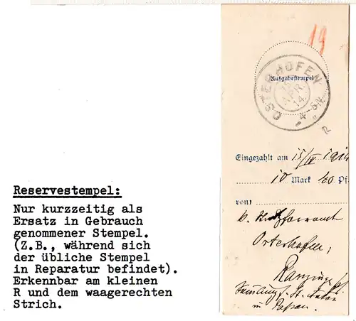 Bayern 1914, Reservestempel OSTERHOFEN R auf Postanweisungs Quittung