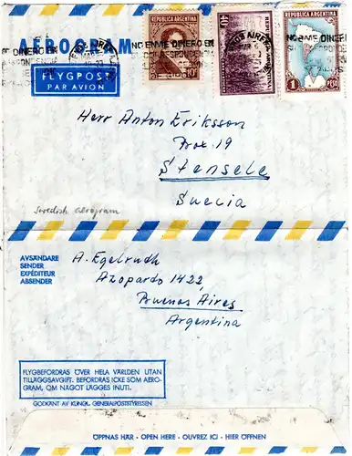 Argentinien 1956, 3 Marken auf Schweden Aerogramm v. Buenos Aires