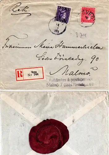 Schweden 1923, 15+20 öre auf gesiegeltem Reko Brief v. SVEG to Malmö