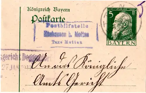 Bayern 1913, Posthilfstelle NEUHAUSEN b. METTEN Taxe Metten auf GA-Ausschnitt