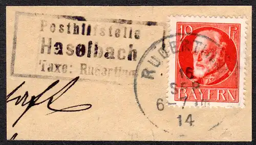 Bayern 1914, Posthilfstelle HASELBACH Taxe Ruderting auf Briefstück m. 10 Pf.