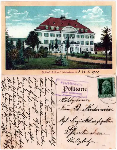 Bayern 1912, Posthilfstelle ADLDORF Taxe Eichendorf auf Farb-AK m. 5 Pf.