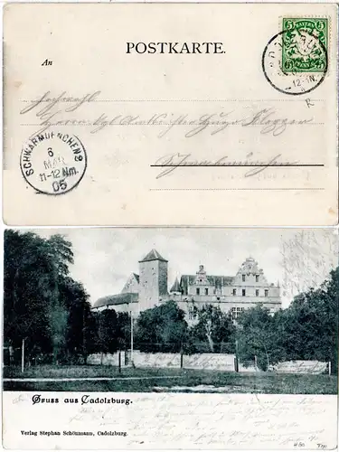 Bayern 1905, Reservestempel CADOLZBURG R auf Gruss aus sw-AK m. 5 Pf.