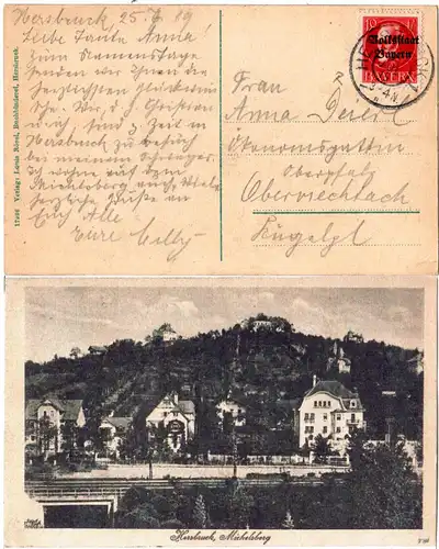 Bayern 1919, Reservestempel Hersbruck R auf sw-AK m. 10 Pf. Volksstaat