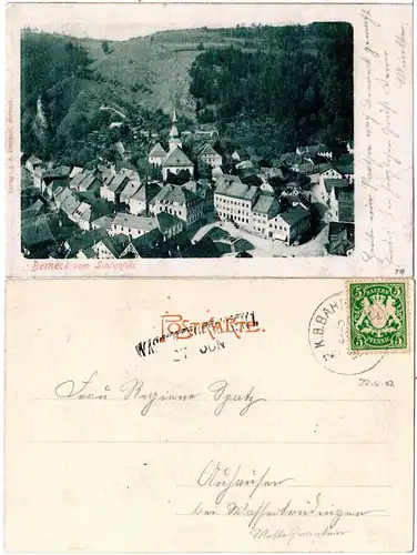Bayern 1902, L2-Aushilfsstpl. WASSERTRÜDINGEN als Ank.Stpl. auf AK v. Berneck