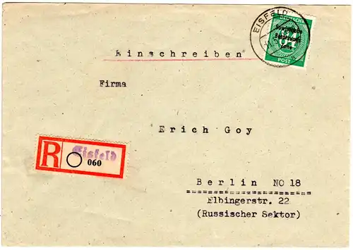 SBZ 1949, 84 Pf. auf Einschreiben Brief m. eingestempeltem Reko-Zettel  EISFELD