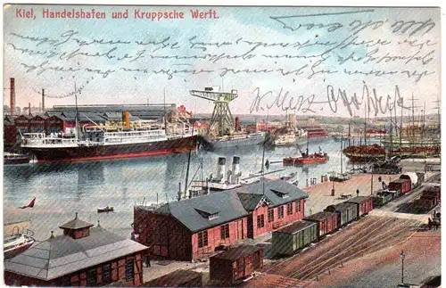 Kiel, Handelshafen u. Kruppsche Werft m. Eisenbahn, 1907 gebr. Farb-AK