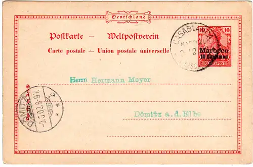 Dt. Post Marokko 1902, 10 Cmos./10 Pf. Ganzsache v. CASABLANCA n. Dömitz