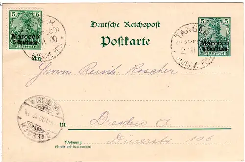 Dt. Post Marokko 1900, 5 C. Zusatzfr. auf 5 C. Ganzsache v. Tanger n. Dresden